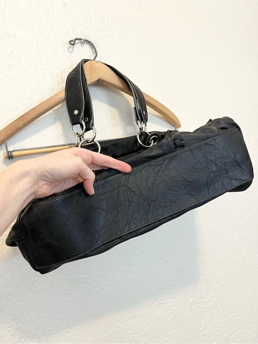 Vintage 90s Y2K Handbag Bag Black Faux Leather Hobo Ruffle XOXO